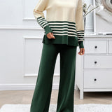 Devine Slit Striped Round Neck Top and Pants Sweater Set