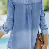 Pocketed Collared Neck Long Sleeve Denim Top