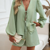 Tied Long Sleeve Top and Shorts Set