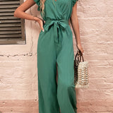 Ruffled Surplice Cap Sleeve Jumpsuit