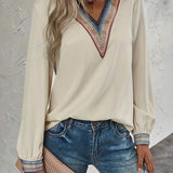 Contrast V-Neck Long Sleeve Blouse