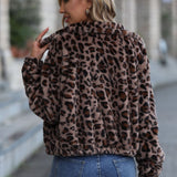 Leopard Collared Neck Zip Up Jacket