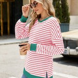 Slit Striped Round Neck Long Sleeve Sweatshirt