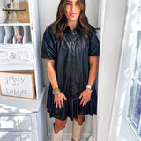 Karile | Solid Pleather Puff Sleeve Ruffle Dress - Black