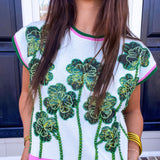 Queen Of Sparkles | White, Green & Pink Stripe Beaded Shamrock Top - Final Sale