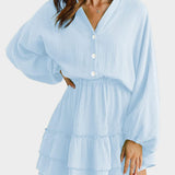 Ruffled Notched Balloon Sleeve Mini Dress