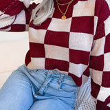 Checkered Mock Neck Long Sleeve Sweater