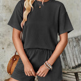 Textured Round Neck Short Sleeve Top and Shorts Set