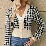 Houndstooth Button Up Long Sleeve Cardigan