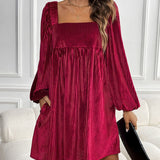 Perfee Tied Pocketed Square Neck Long Sleeve Dress