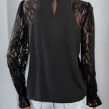 Perfee Mock Neck Lace Long Sleeve Blouse