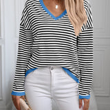 Contrast Trim Striped V-Neck Long Sleeve Knit Top