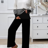 Devine Slit Striped Round Neck Top and Pants Sweater Set