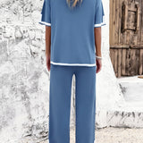 Contrast Trim Round Neck Top and Pants Set