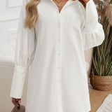 Button Up Lantern Sleeve Mini Shirt Dress