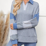 Slit Striped Johnny Collar Long Sleeve Top