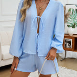 Tied Long Sleeve Top and Shorts Set