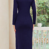 Quarter Button Long Sleeve Midi Dress