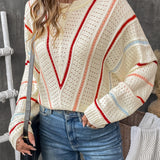 Eyelet Round Neck Long Sleeve Sweater