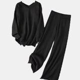 Slit V-Neck Long Sleeve Top and Pants Sweater Set