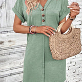 Quarter Button V-Neck Short Sleeve Dress