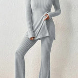 Ribbed Long Sleeve Slit Top and Bootcut Pants Set