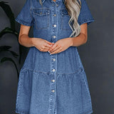 Pocketed Button Up Collared Neck Short Sleeve Denim Dress