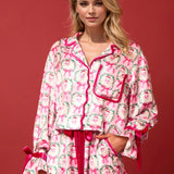 Tied Printed Collared Neck Long Sleeve Top and Shorts Set