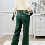 Devine Slit Striped Round Neck Top and Pants Sweater Set