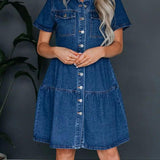 Pocketed Button Up Collared Neck Short Sleeve Denim Dress