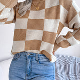 Checkered Mock Neck Long Sleeve Sweater