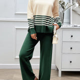 Devine Slit Striped Round Neck Top and Pants Sweater Set