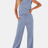 Full Size Round Neck Top and Drawstring Pants Set