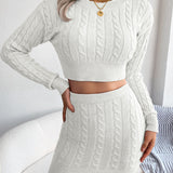 Cable-Knit Round Neck Top and Skirt Sweater Set