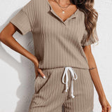 Notched Short Sleeve Top and Shorts Set