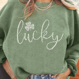LUCKY Rhinestone Round Neck Long Sleeve Sweatshirt