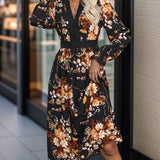 Printed Notched Long Sleeve Midi Dress