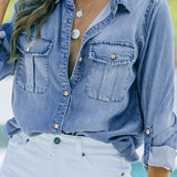 Pocketed Collared Neck Long Sleeve Denim Top