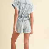 Annie Wear Elastic Waistband Short Sleeve Denim Romper