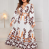 Plus Size Printed Surplice Flounce Sleeve Dress