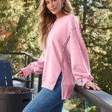 Slit Round Neck Long Sleeve Sweatshirt