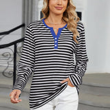 Striped Notched Long Sleeve T-Shirt