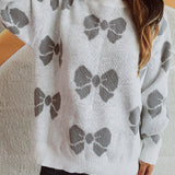 Bow Round Neck Dropped Shoulder Sweater