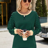 Slit Striped Round Neck Long Sleeve Sweatshirt