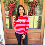 "Merry" Stripped Sweatshirt- Pink/Red