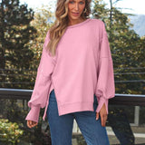 Slit Round Neck Long Sleeve Sweatshirt