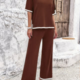 Contrast Trim Round Neck Top and Pants Set