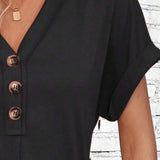 Quarter Button V-Neck Short Sleeve Dress