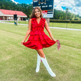 Satin Ruffle Smock Dress- Red