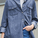 Pocketed Collared Neck Long Sleeve Denim Top